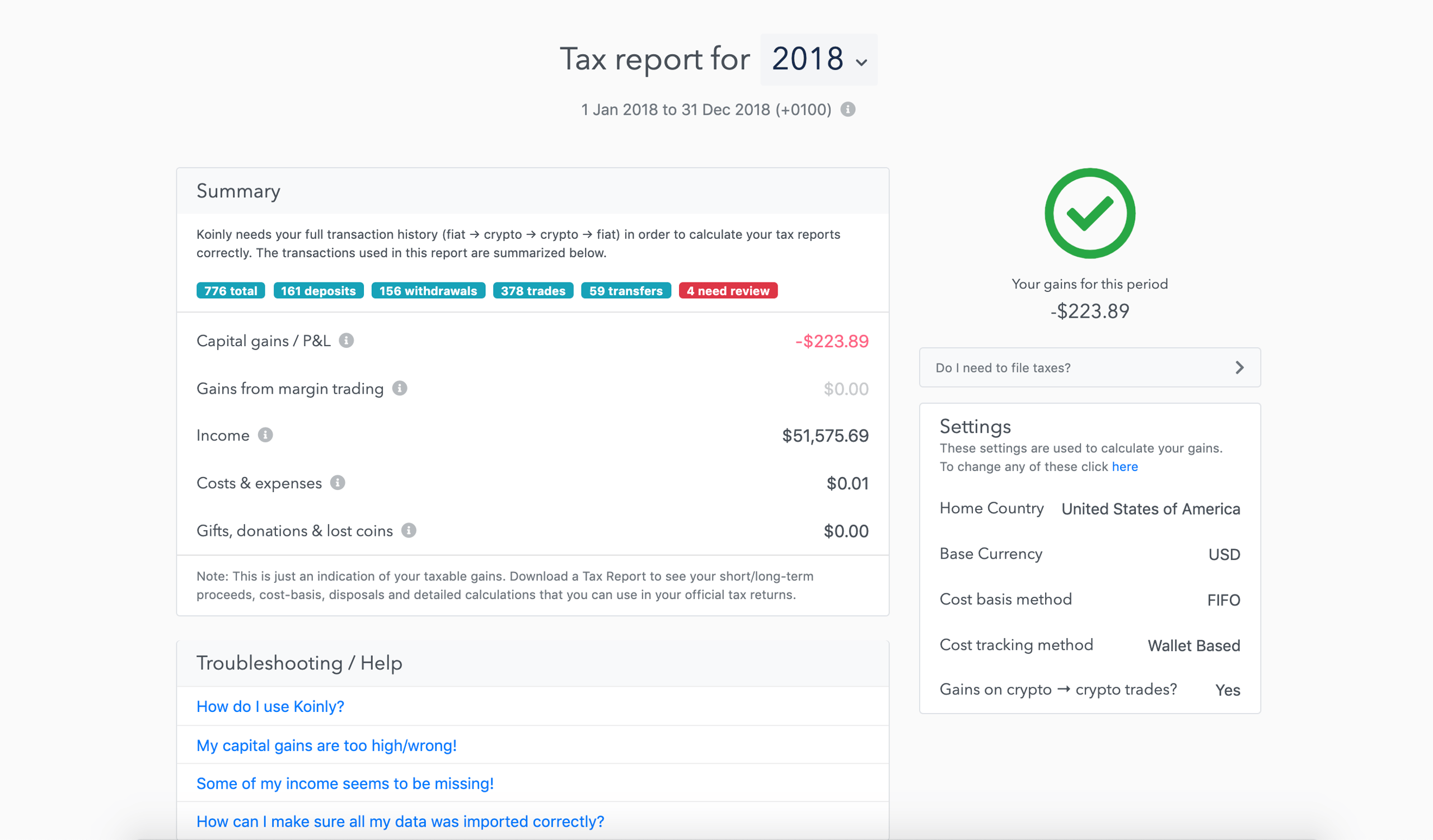 Koinly 2018 tax report dashboard showing a $223.89 loss, transaction counts, settings, and help links.