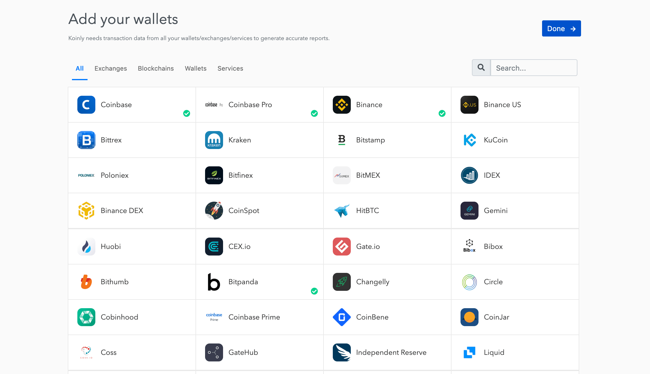 Wallet selection screen listing cryptocurrency exchanges in a four-column grid with selected items marked by green checks.