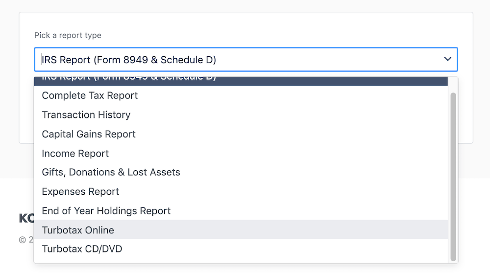 Open report-type dropdown listing tax, transaction, income, expense, and TurboTax report options.