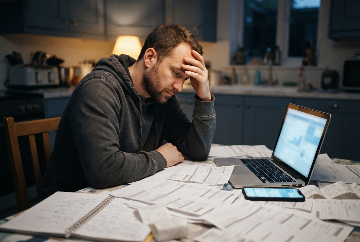 Worried man holding his forehead at a table covered with papers, a laptop, and a smartphone.